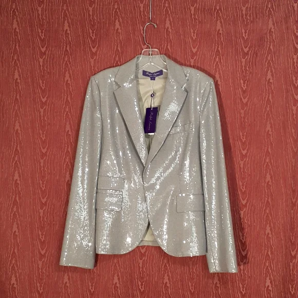 RALPH LAUREN PURPLE LABEL Silver Gray Sequin Blazer I Button Women's Sz 8 - Picture 1 of 16